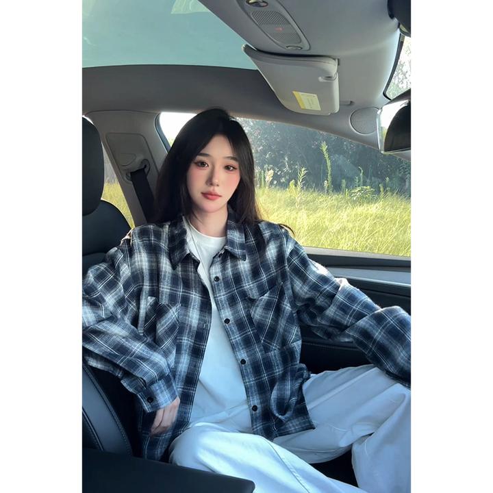 美式藏青格长袖衬衫秋季高级感痞帅百搭翻领衬衣宽松休闲男女外套