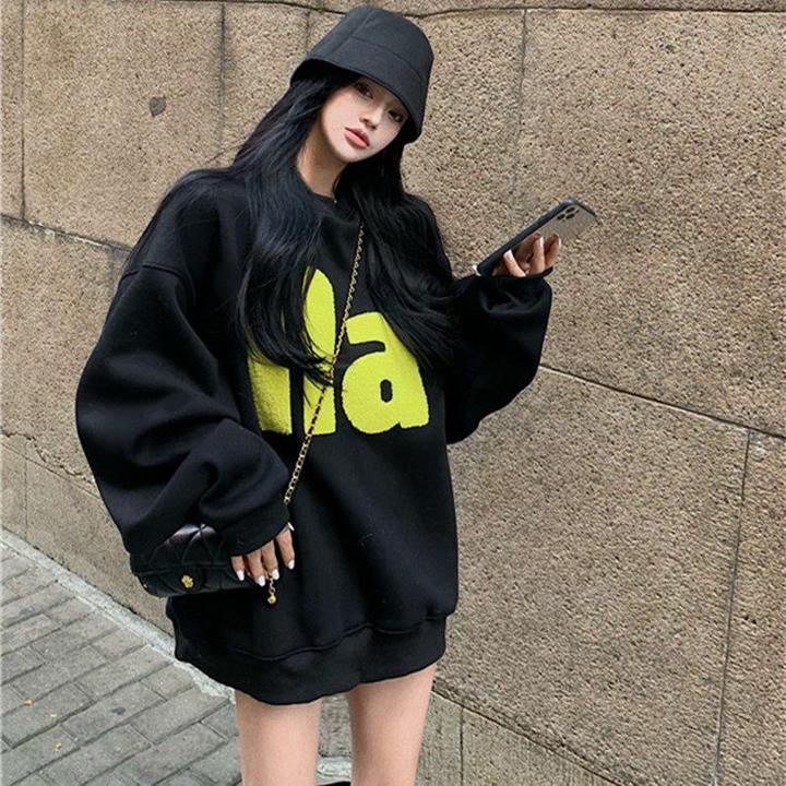 韩版黑色字母刺绣卫衣女2025秋冬加绒加厚宽松中长款套头上衣潮