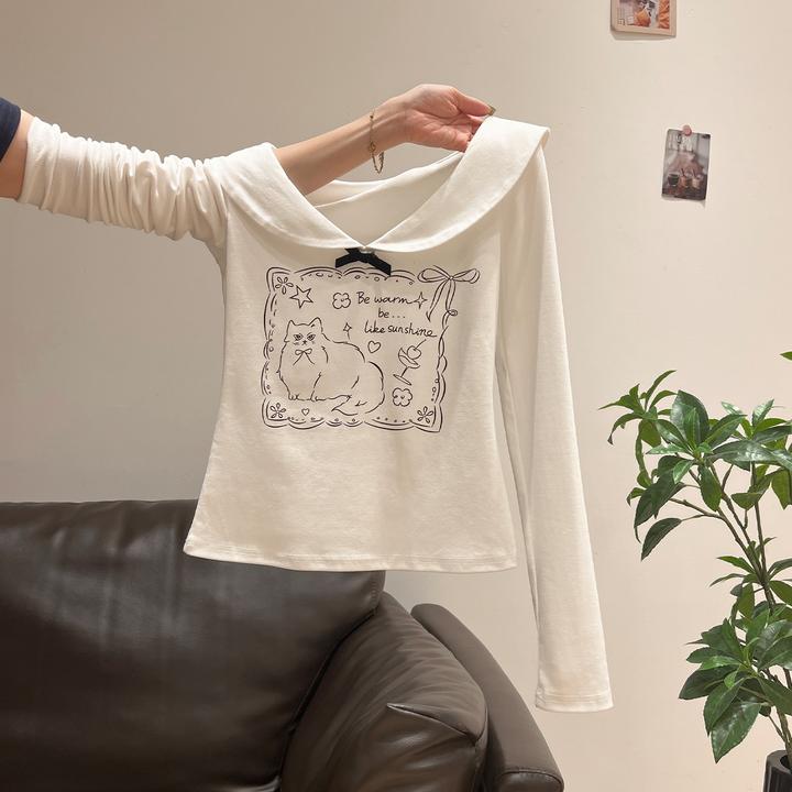 时尚甜美娃娃领蝴蝶结设计感长袖T恤女夏季新款修身显瘦防晒上衣