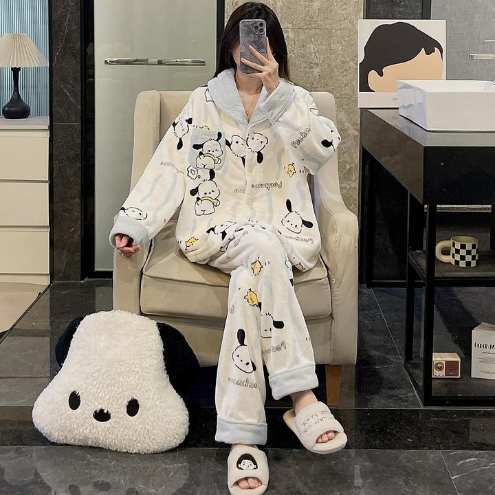 2025新款珊瑚绒睡衣女秋冬季大码加厚法兰绒帕恰狗套装外穿家居服