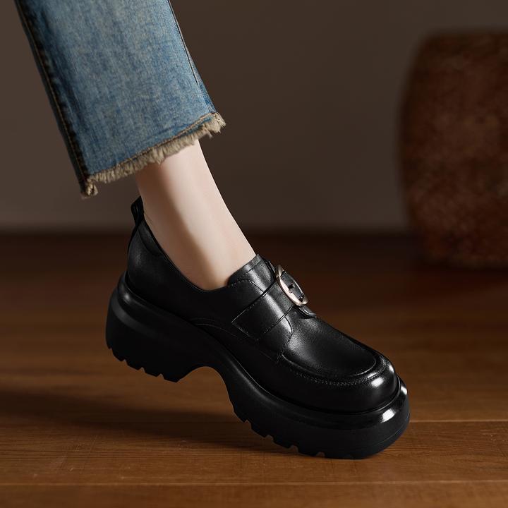小个子增高7cm~真皮复古厚底JK乐福鞋女新款黑色小皮鞋深口单鞋女