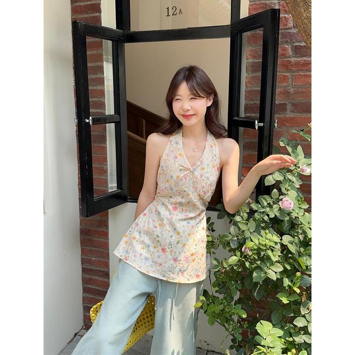 甜美碎花挂脖v领无袖背心女2025夏季新款气质收腰显瘦吊带上衣潮