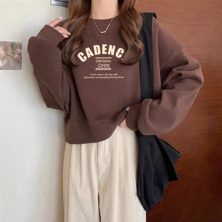 圆领套头短款卫衣女加绒加厚秋冬长袖上衣高腰显瘦小个子春秋薄款