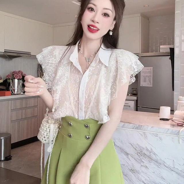 小飞袖衬衫2025新款女夏季遮肚子雪纺衫独特别致小衫白色蕾丝罩衫