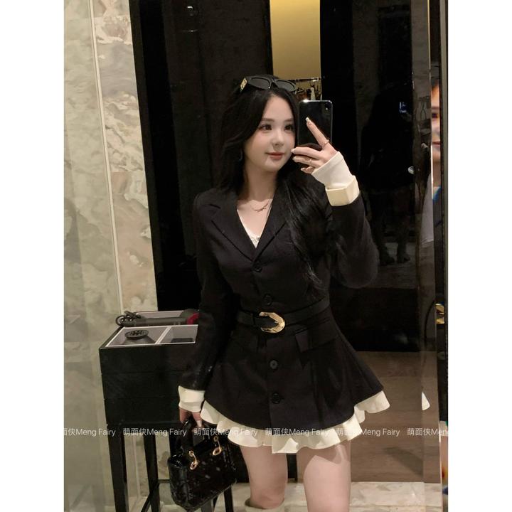 现货萌面侠【纽约时报】千金高级感拼接收腰西装夹棉连衣裙外套5650