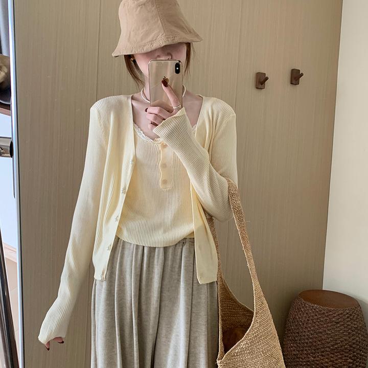 花边吊带两件套上衣2025秋季新款甜美气质简约风针织衫套装C2-87