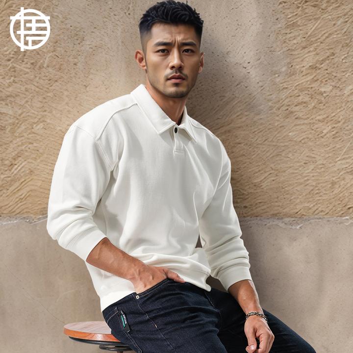 400G重磅秋冬加厚翻领卫衣男士宽松纯色棉外穿长袖T恤休闲POLO衫