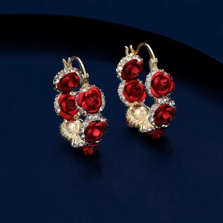 铜合金合成锆石耳饰 红色百搭复古耳环女饰品韩版韩式金色优雅ins