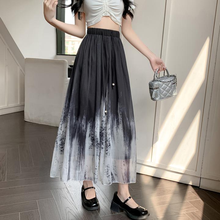 【冲量价】新中式国风半身裙女夏季水墨画扎染印花设计感显瘦a字裙