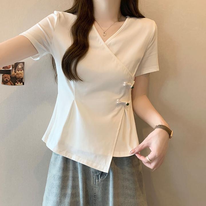 大码设计感交叉v领正肩短袖t恤女夏季胖mm收腰显瘦不规则别致上衣