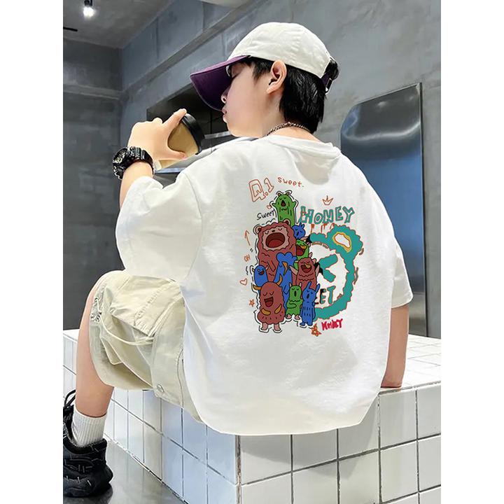 男童美式卡通印花短袖2025新款T恤夏季儿童潮流宽松体恤上衣时髦