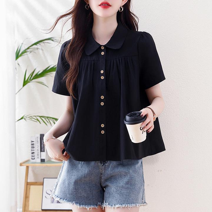 减龄法式polo领短袖衬衫女夏季2025新款宽松遮肚显瘦娃娃衫黑上衣