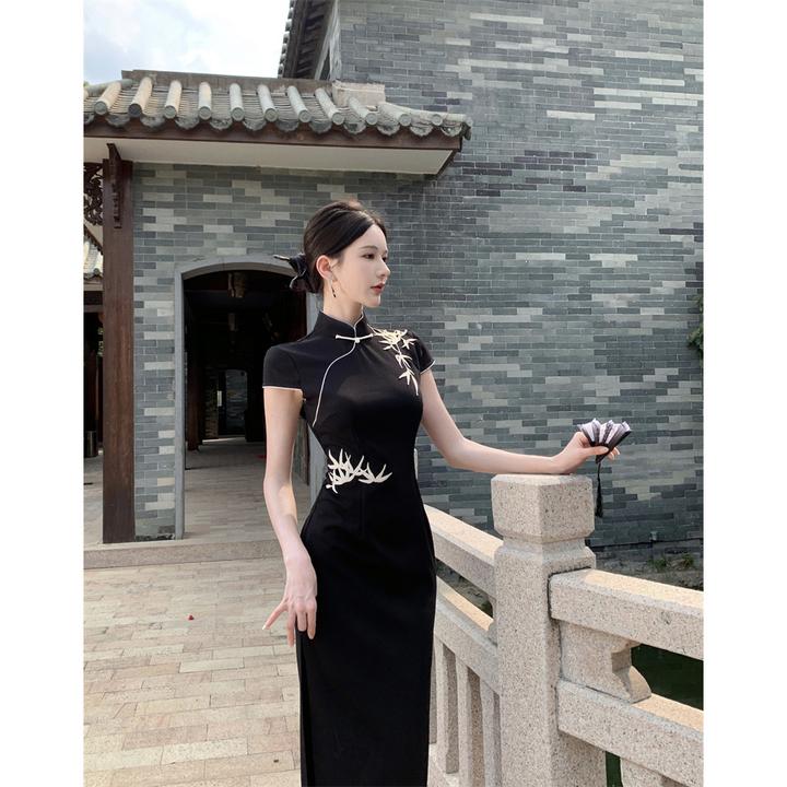 2025新款复古新中式日常改良旗袍高级感气质黑色国风连衣裙女秋冬