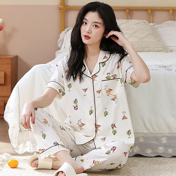 2025睡衣女士夏季薄款纯棉短袖长裤套装开衫翻领休闲大码家居服