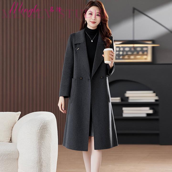 名缕双面呢时尚毛呢外套2026冬季新款西装领灰色品牌高端毛呢外套