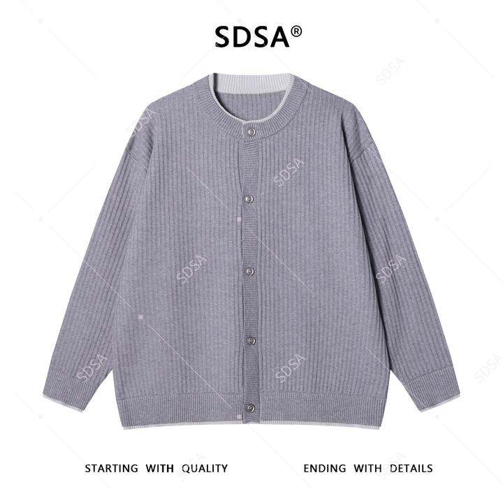 SDSA秋冬新款痞帅男装慵懒风竖纹纽扣圆领假两件开衫针织毛衣百搭