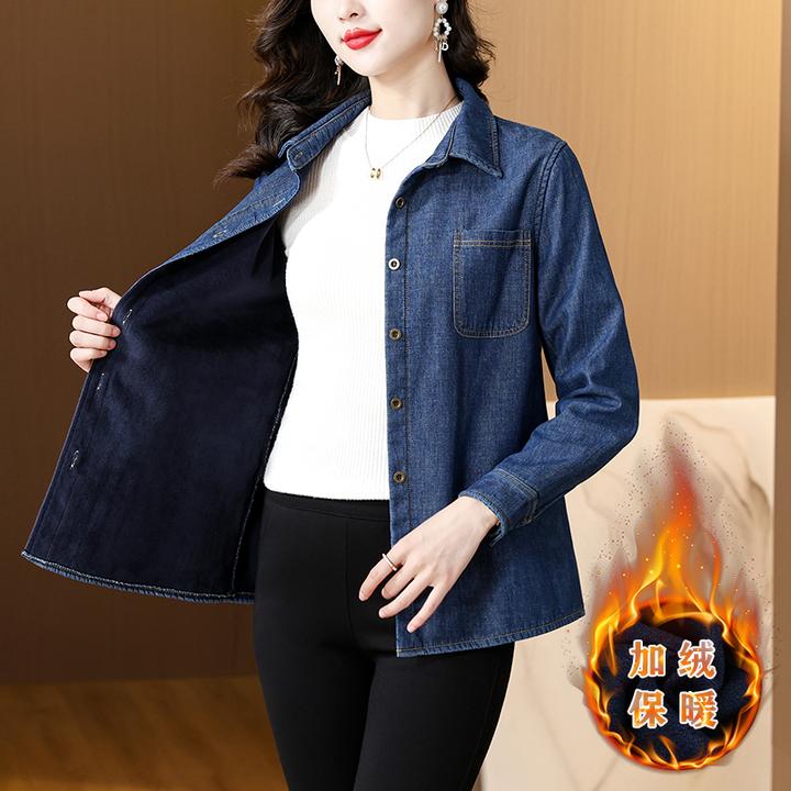 妈妈牛仔衬衫长袖秋冬新款时尚减龄衬衣百搭休闲外套中年加绒上衣