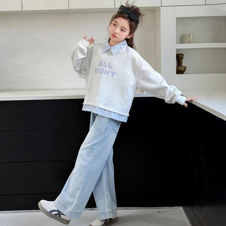 女童春秋款设计感洋气卫衣套装2025新款慵懒风女孩牛仔裤两件套