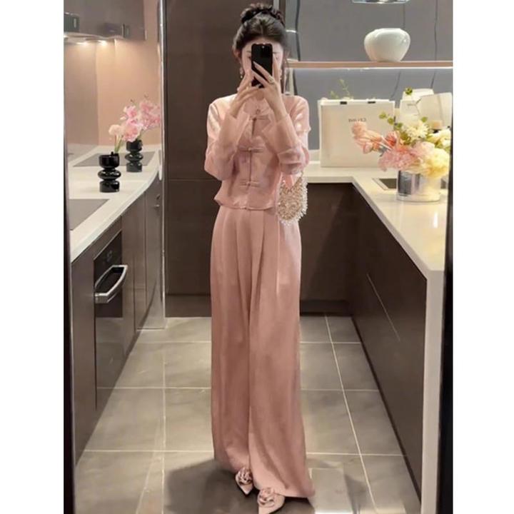 新中式国风套装女春秋高级感立领盘扣唐装上衣高腰阔腿长裤两件套