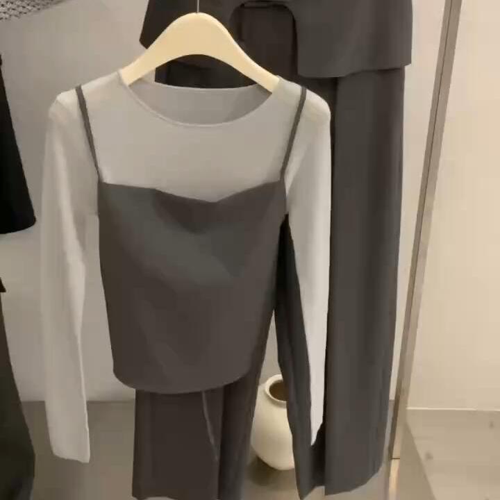 一整套ootd穿搭套装2025新款韩系高级感吊带针织衫阔腿长裤三件套