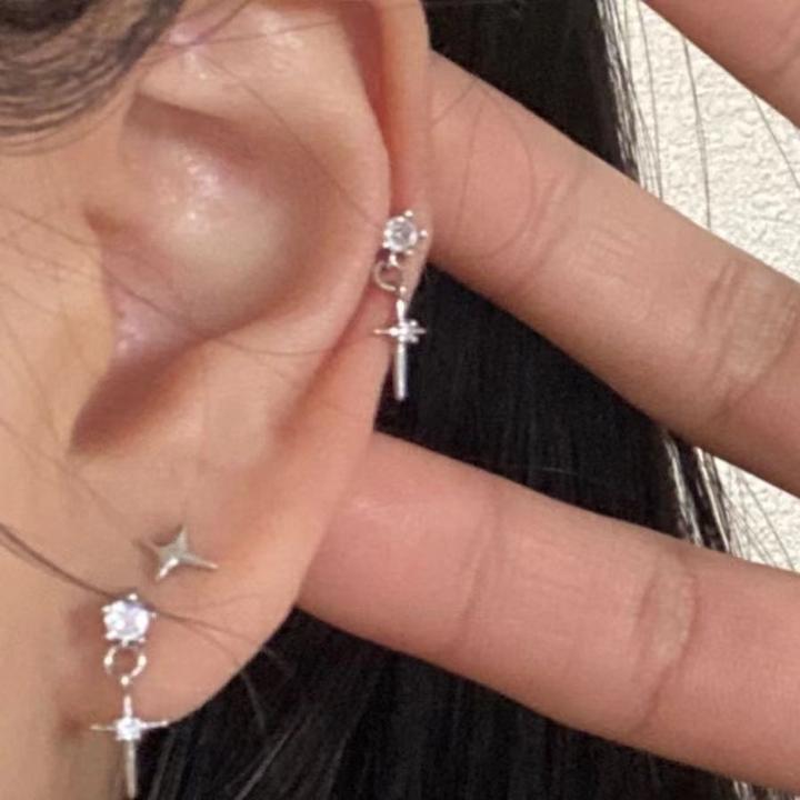 合金耳饰 zoozmini十字流星耳钉女甜酷细针锆石四角星星耳环小众