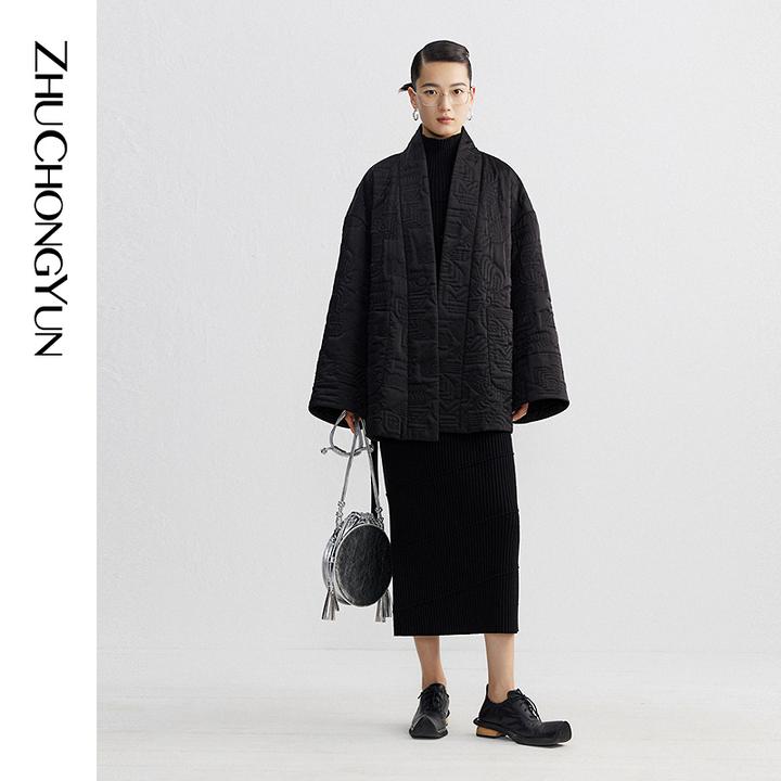 ZHUCHONGYUN2023秋立领斜开襟宽袖宽松廓形飘带外套C1DE33948