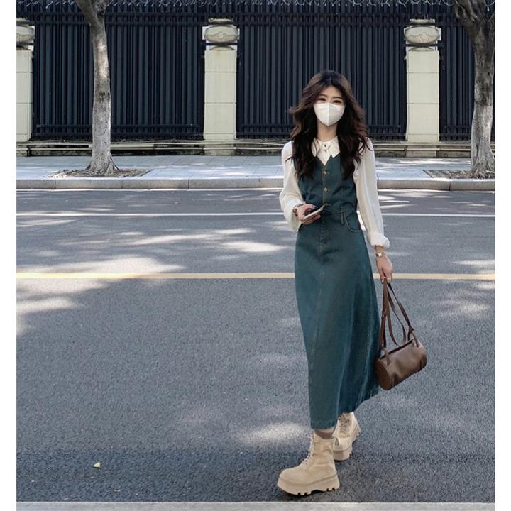 秋季高腰小个子牛仔连衣裙显瘦A字纯欲风收腰时尚轻职风牛仔裙子