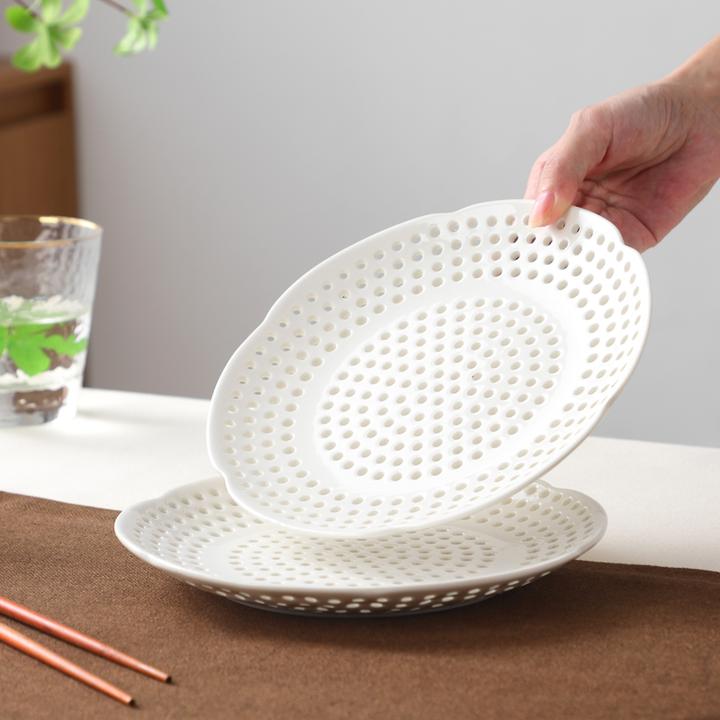 饺子盘新款花瓣原厂正品陶瓷蒸盘沥水盘水果盘 家用网红蒸盘神器