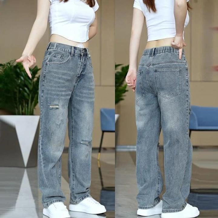 男士美式复古潮流破洞秋季宽松痞帅直筒水洗高街做旧百搭牛仔裤男