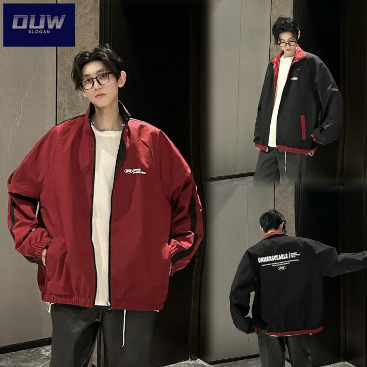 O.U.W男士秋立领印花宽松型宽松免烫常规款潮流外套夹克港风上衣