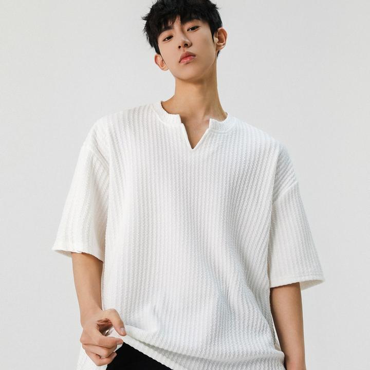 肌理感V领短袖t恤男夏季2025新款潮流宽松青少年休闲半袖体恤上衣
