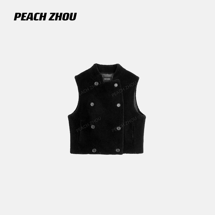 『PEACHZHOU』100羊毛双排扣宽松立领马甲休闲高级感坎肩背心外套女