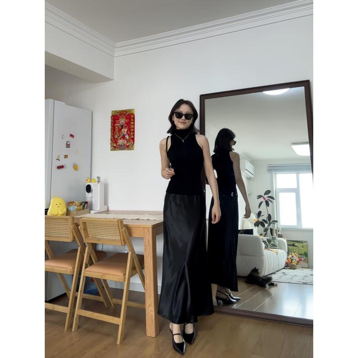 MARIE.COCO设计甜酷斜肩背心+高腰光泽鱼尾半身裙时尚辣妹套装