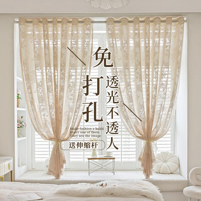 法式窗帘纱帘透光不透人客厅阳台飘窗纱帘免打孔安装2025新款