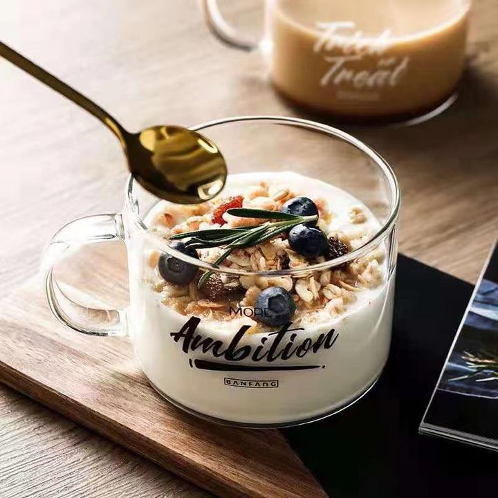 可订制字母玻璃杯子带把马克杯办公室茶杯甜品杯燕麦早餐杯