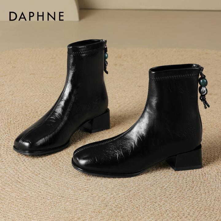 达芙妮英伦风法式短靴2025年新款秋季粗跟气质黑色中筒瘦瘦时装靴