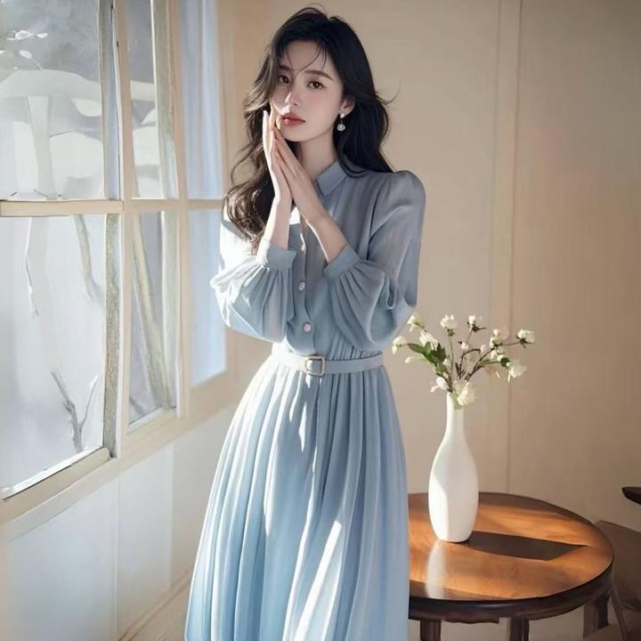 SS744蓝色衬衫连衣裙子2025今年流行爆款法式高级感气质掐腰长裙