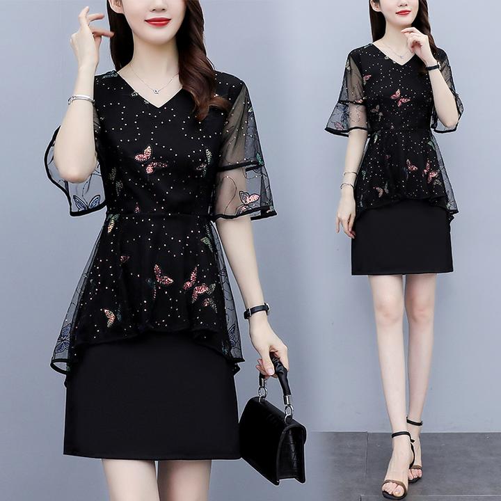 胖mm女装2025年夏季新款韩版亮片刺绣拼接短袖气质显瘦仙女连衣裙