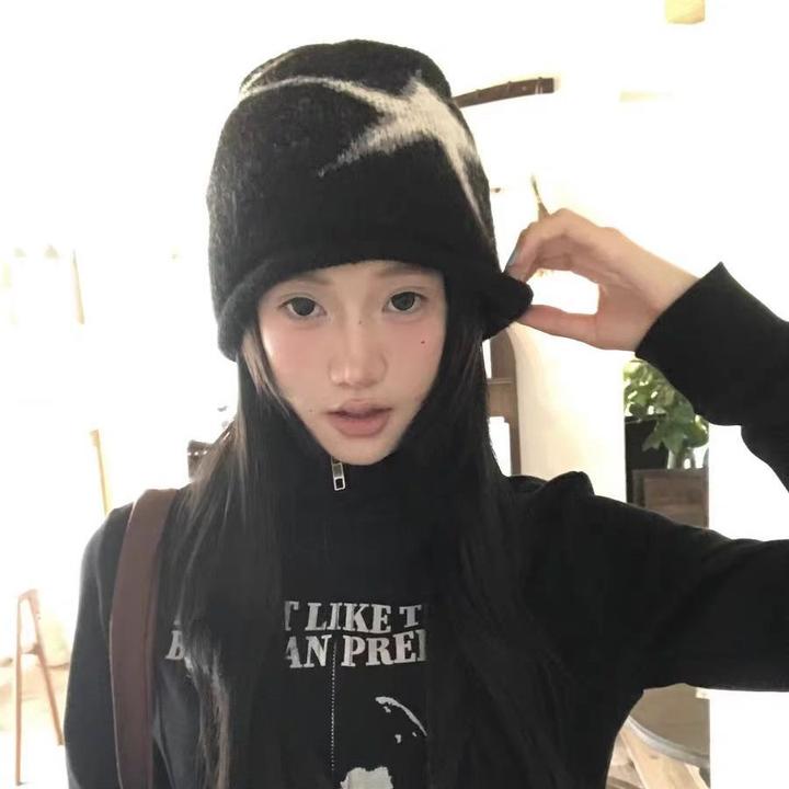 时髦大星星印花堆堆帽子女春秋冬韩版日系百搭显脸小包头帽潮ins