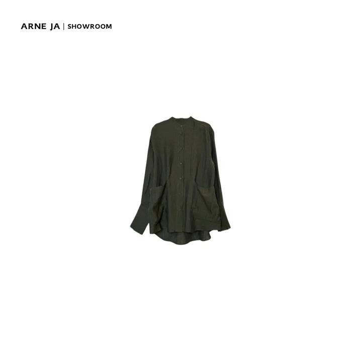 ARNE JA｜“自然治愈”时尚轻东方色织亚麻蒲烟绿无领衬衫A864