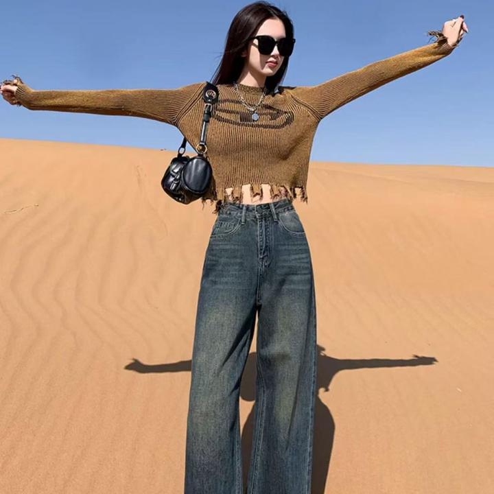 小高个子直筒大女主锋芒显瘦百搭显腿长磨旧水泥灰磨旧黑牛仔裤
