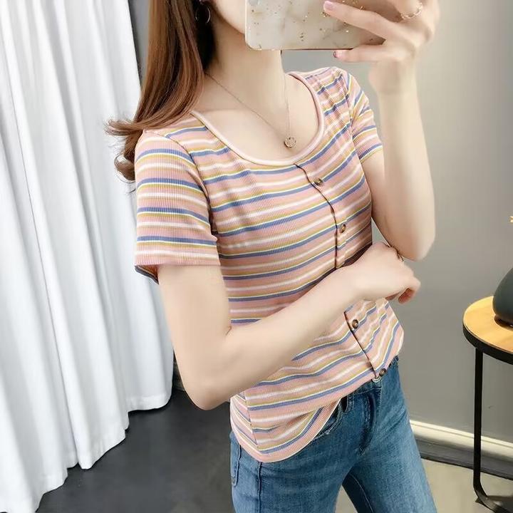 夏季2025年新款韩版方领修身条纹短款t恤学生女ins显瘦洋气