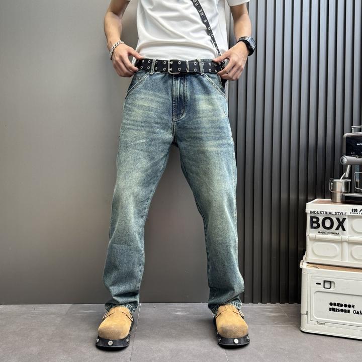 锥形直筒复古做旧简约纯色牛仔长裤秋冬新复古做旧男士立体牛仔裤