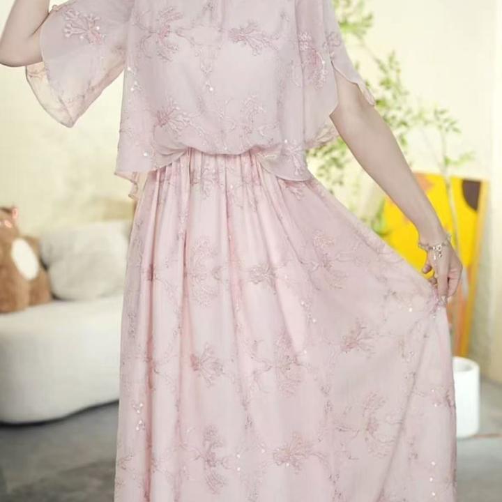 T1574长款套头中长裙简约夏季中腰宽松连衣裙女装碎花蕾丝