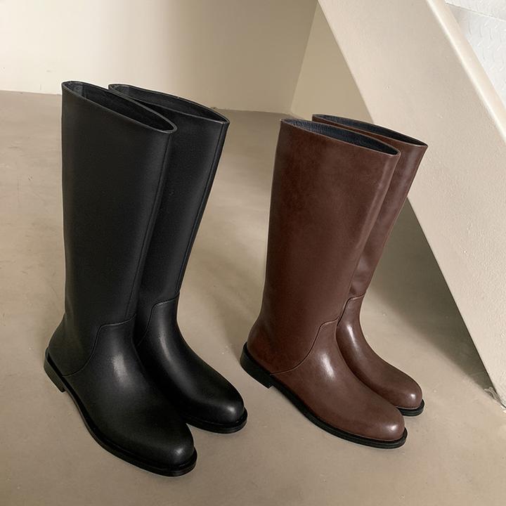 高定版~牛皮3CM粗跟黑色高筒骑士靴女英伦真皮粗腿大筒围显瘦长靴