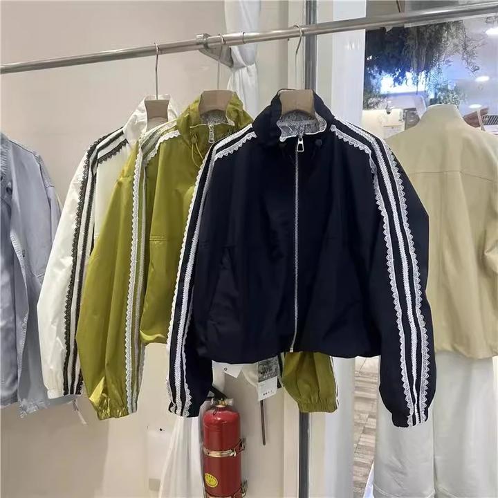 欧货复古蕾丝花边拉链夹克外套女春秋2025年设计感拼接薄款棒球服