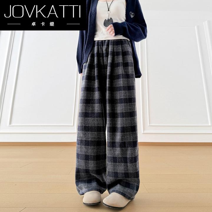 灰色毛呢加绒格子裤女2025新款秋冬季加厚高腰垂感直筒休闲阔腿裤