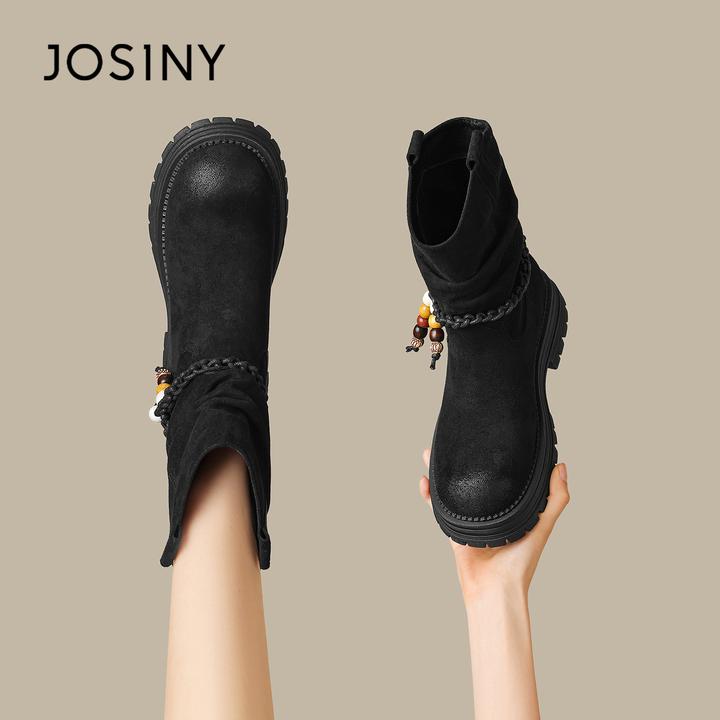 卓诗尼正品堆堆女2025新款秋季时尚百搭厚底小个子西部马丁靴女