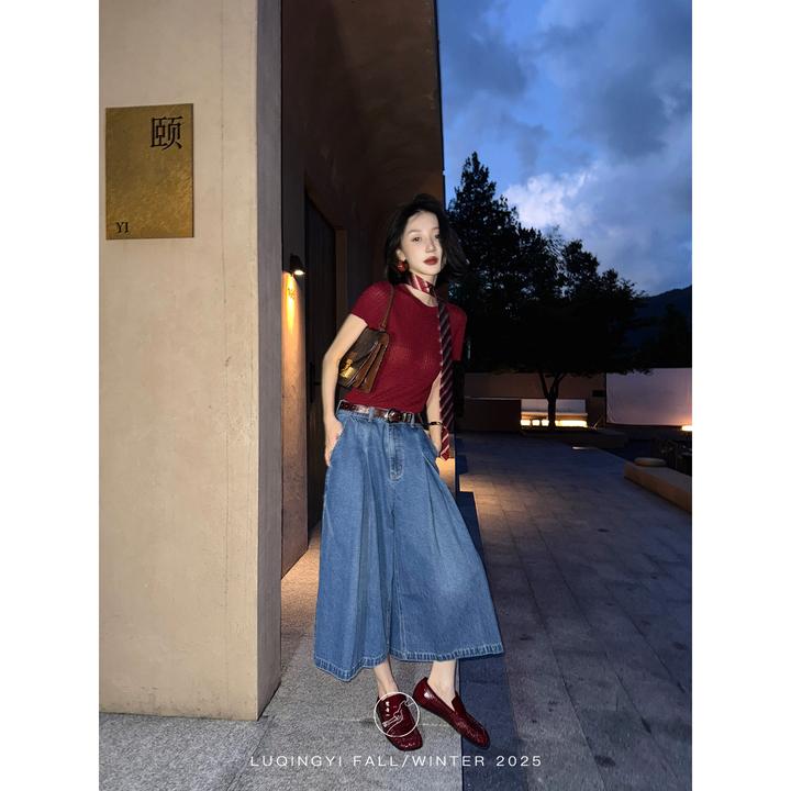 鹭青一原创【觅初】复古棉弹牛仔裤女秋宽松休闲七分裤 L25N3321K