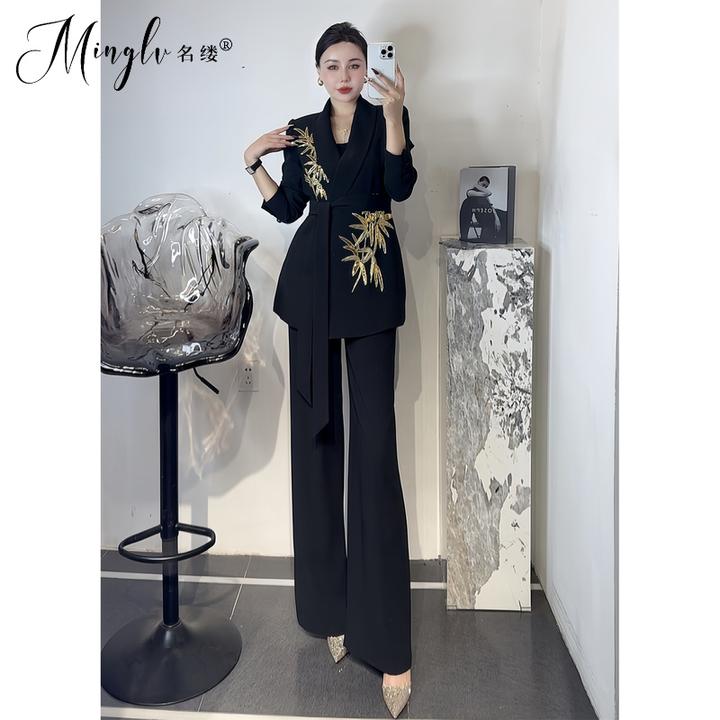 名缕品牌中式国风西装套装高级感重工竹叶钉珠系带西服阔腿裤两件